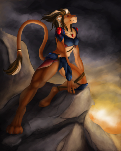 4:5 anthro armor digitigrade felid female hair lion mammal merrunz muscular muscular_anthro muscular_female pantherine pose rock smile solo sunset // 800x1000 // 851KB