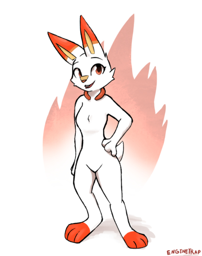 2019 anthro breasts cheek_tuft chest_tuft dipstick_ears enginetrap facial_tuft featureless_breasts featureless_crotch female fur hand_on_hip hi_res lagomorph leg_markings looking_at_viewer mammal markings multicolored_ears nintendo nude open_mouth open_smile orange_body orange_fur pokemon pokemon_(species) scorbunny simple_background smile socks_(marking) solo standing tuft video_games white_body white_fur // 1250x1579 // 677.3KB