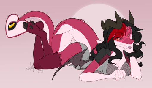 anthro black_sclera breasts clothed clothing dragon female hair horn looking_at_viewer lying on_front simple_background smile solo teil tongue tongue_out wings // 1100x635 // 269.5KB