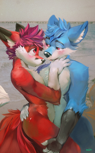 anthro anthro_on_anthro black_body black_ears black_eyebrows black_fur black_nose blue_body blue_fur blue_hair blush bodily_fluids butt canid canine canis cheek_tuft chest_tuft duo elbow_tufts eye_contact eyebrows facial_tuft finger_in_mouth fingerless_(marking) fox fur glistening glistening_eyes gloves_(marking) hair hand_on_butt hi_res inner_ear_fluff leg_grab looking_at_another male malemale mammal markings oselotti red_body red_ears red_eyes red_fur red_hair red_tail saliva saliva_string short_hair side_view signature tuft white_body white_fingers white_fur white_inner_ear_fluff white_tail wolf // 919x1471 // 789.3KB