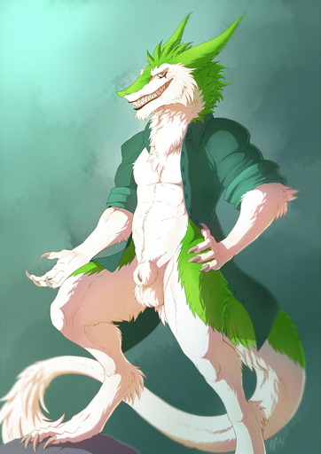 animal_genitalia anthro balls biped clothed clothing detached_sheath fully_sheathed genitals hi_res hornedfreak looking_at_viewer male open_clothing open_shirt open_topwear sergal sharp_teeth sheath shirt simple_background smile solo standing teeth topwear // 904x1280 // 1.7MB