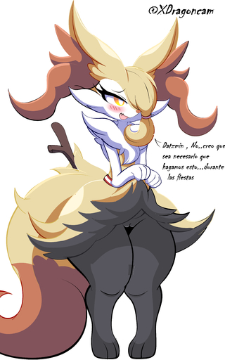 absurd_res anthro blush blush_lines braixen female genitals hi_res knees_together nintendo open_mouth pokemon pokemon_(species) presenting presenting_pussy pussy solo spanish_text text translated video_games xdragoncam // 4256x6812 // 2.4MB