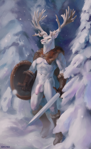 2017 abs albino anthro antlers balls boots bottomless cervid chunie clothed clothing day detailed_background digital_media_(artwork) flaccid footwear foreskin fur genitals gloves handwear hi_res holding_object holding_sword holding_weapon horn humanoid_genitalia humanoid_penis male mammal melee_weapon mostly_nude muscular muscular_anthro muscular_male navel outside pecs penis plant red_eyes shield snow solo standing sword tree weapon white_body white_fur // 787x1280 // 416.2KB