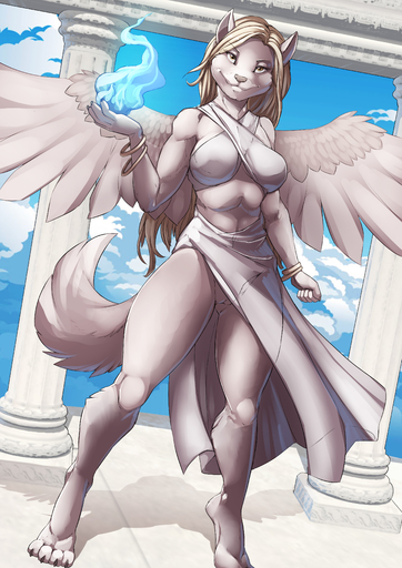 2018 absurd_res angel anthro blonde_hair bracelet canid canine cassandra_(werefox) clothing female fox genitals hair hi_res humanoid_pointy_ears jewelry looking_at_viewer magic mammal pussy solo twinkle-sez wings // 2893x4092 // 2.3MB