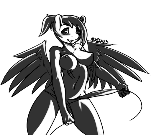 anthro avante92 black_and_white blush breasts equid equine feathered_wings feathers female horse looking_at_viewer mammal monochrome nipples open_mouth pegasus solo wings // 1213x1088 // 363KB