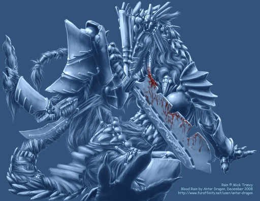 2008 ambiguous_gender antar_dragon armor blood blue_theme bodily_fluids cool_colors english_text mammal rain_silves sergal solo text url warrior weapon // 906x700 // 131.3KB