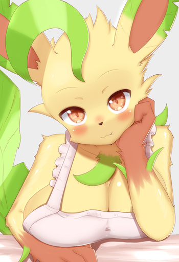 2022 anthro anthrofied apron apron_only big_breasts blush breasts brown_body brown_eyes brown_fur canid canine cleavage clothed clothing cute_fangs eeveelution female fur green_body hi_res horokusa0519 huge_breasts kemono leafeon looking_at_viewer mammal mostly_nude pokemon_(species) pokemorph solo video_games yellow_body yellow_fur // 1080x1580 // 756.6KB