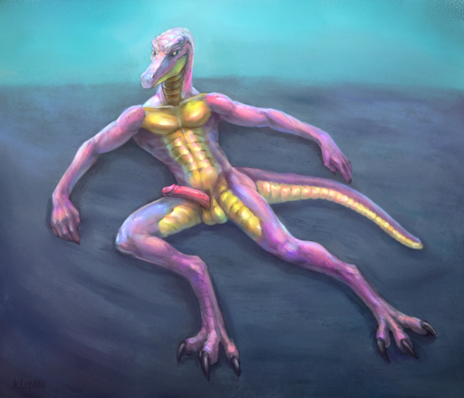 2015 abs anthro athletic balls biped claws erection genitals hi_res humanoid_genitalia humanoid_penis klongi lizard looking_at_viewer lying male muscular muscular_anthro non-mammal_balls nude pecs penis pink_body pink_scales reptile scales scalie simple_background solo // 1400x1200 // 2.6MB