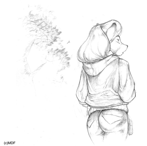 anthro bottomwear butt canid canine clothed clothing female fox fully_clothed fur greyscale hair hoodie long_hair looking_aside mammal miles_df monochrome pants rear_view simple_background solo sweater topwear white_background // 604x600 // 52KB