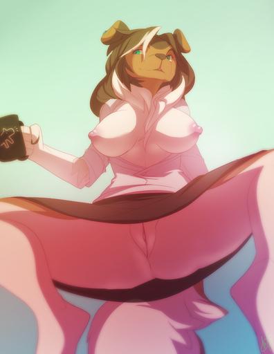 2014 anthro bottomwear breasts canid canine canis clothed clothing container cup domestic_dog female genitals green_eyes hi_res holding_cup holding_object mammal nipples no_underwear patto pussy skirt solo spread_legs spreading upskirt // 989x1280 // 983.9KB