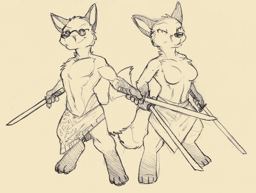 anthro breasts brother brother_and_sister canid canine clothed clothing digitigrade dual_wielding duo eyewear featureless_breasts female fox front_view grin holding_object holding_sword holding_weapon looking_at_viewer male mammal melee_weapon monochrome rick_griffin sibling simple_background sister sketch slim smile sunglasses sword topless twins weapon // 808x610 // 158.7KB