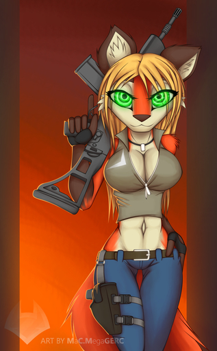 abstract_background anthro big_breasts breasts canid canine cleavage clothed clothing female fox green_eyes gun macmegagerc mammal ranged_weapon rifle simple_background solo thigh_gap weapon wide_hips // 711x1150 // 631.2KB
