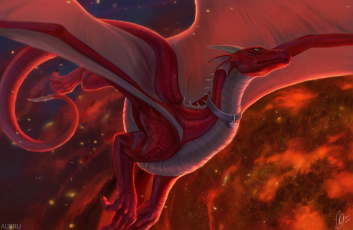 2020 ambiguous_gender aurru claws collar detailed_background digital_media_(artwork) dragon feral horn implied_fire membrane_(anatomy) membranous_wings night outside red_body red_scales scales scalie solo spines western_dragon wings // 1280x835 // 1.1MB