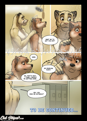 anthro blush canid canine canis chris_(meesh) clothed clothing comic communal_shower cougar dialogue digital_media_(artwork) domestic_dog duo english_text eyewear felid feline fur glasses john_(meesh) little_buddy locker_room male mammal meesh muscular public scratch shower smile speech_bubble standing text // 796x1100 // 191.4KB