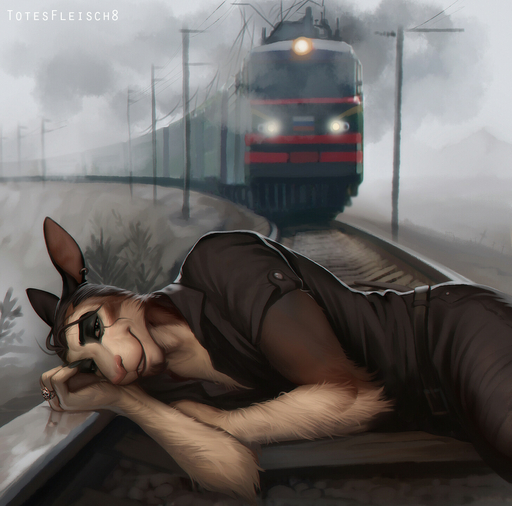 2018 anthro chris_(totesfleisch8) clothed clothing dark_humor depression detailed_background fog fur hi_res humor imminent_death kangaroo locomotive looking_at_viewer lying macropod male mammal marsupial multicolored_body multicolored_fur on_side outside pole railway_track ring russian_flag signature suicide totesfleisch8 train two_tone_body two_tone_fur utility_line vehicle // 1457x1440 // 331.8KB