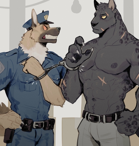 2022 4_fingers abs absurd_res anthro belt black_body black_fur brown_body brown_fur canid canine canis claws clenched_teeth clothing domestic_dog duo ear_piercing felid finger_claws fingers fur german_shepherd handcuffed handcuffed_together herding_dog hi_res k0bit0wani male mammal markings multicolored_body multicolored_fur muscular muscular_anthro muscular_male navel nipples orange_eyes pantherine pastoral_dog pawpads pecs piercing police_officer police_uniform ring_(marking) scar snarling tan_body tan_fur teeth uniform white_body white_fur yellow_eyes // 2850x3000 // 997.2KB