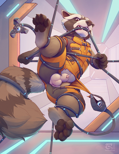 2020 4_toes anthro balls bite brown_body brown_fur claws clothed clothing detailed_background feet fur genitals hi_res machine male mammal pawpads paws penis procyonid raccoon rocket_raccoon solo teeth thesecretcave toe_claws toes torn_clothing // 989x1280 // 1.8MB