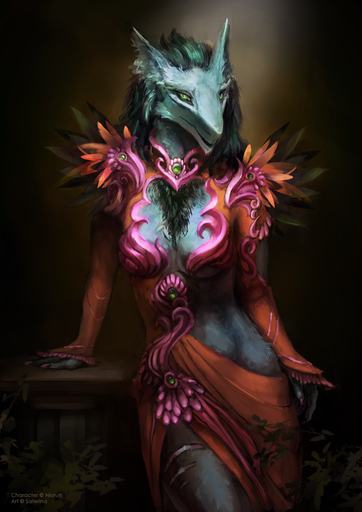 anthro blue_body blue_fur breasts chest_tuft clothed clothing colored_nails dress feathers female fur green_eyes green_mane hi_res inner_ear_fluff jewelry long_sleeves mane nails nioruh_(crypto-137) pedestal pink_nails plant pupils saterina scar sergal skimpy slit_pupils solo standing tuft // 905x1280 // 1.1MB