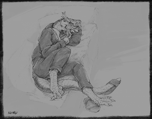 5_fingers anthro claws clothed clothing digital_media_(artwork) fingers furniture greyscale klongi lizard lying male monochrome on_side reptile scales scalie simple_background sketch slippers sofa solo // 1280x1002 // 209.2KB