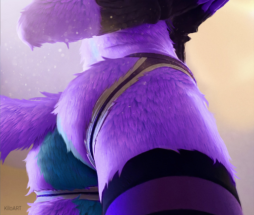 ambiguous_gender anthro butt canid canine close-up clothing fur green_body green_fur jockstrap kiloart legwear low-angle_view mammal multicolored_body multicolored_fur purple_body purple_fur solo standing thigh_highs two_tone_body two_tone_fur underwear wet // 1280x1082 // 326.8KB