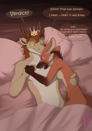 2021 4_fingers 5_fingers absurd_res after_sex afterglow anthro antlers athletic athletic_anthro athletic_male aylen_(koluthings) bed bed_covers bedding black_nose breasts brown_body brown_fur canid canine cel_shading claws comic crown crown_only cuddling dialogue dragon duo ear_piercing ear_ring english_text female finger_claws fingers forked_tongue fur furniture gloves_(marking) hand_holding hand_on_back hand_on_chest hand_on_own_chest head_lick hi_res horn humanoid_hands inner_ear_fluff intimate koluthings looking_at_another looking_at_partner lying male malefemale mammal maned_wolf markings muscular muscular_anthro muscular_male navel nipples nude on_back on_bed on_side open_mouth orange_eyes piercing pillow prince prince_borgon romantic romantic_couple royalty shaded signature speech_bubble story story_in_description teeth tender text thought_bubble tongue tongue_out tuft under_covers yellow_eyes // 2123x3000 // 7.5MB