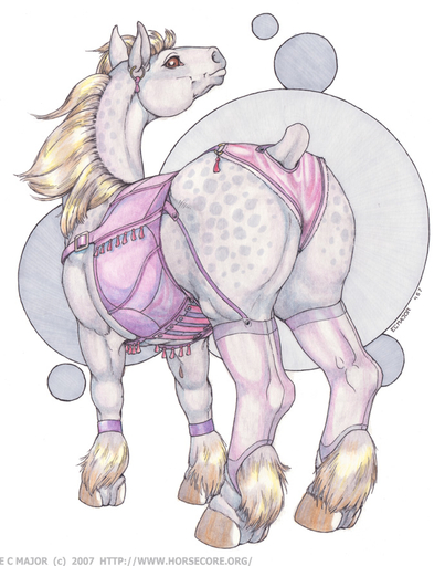 2007 clothed clothing corset ear_piercing ecmajor equid equine female feral garter_straps hooves horse legwear lingerie mammal marker_(artwork) matched_pair panties piercing quadruped simple_background solo stockings topwear traditional_media_(artwork) underwear // 692x879 // 188.3KB