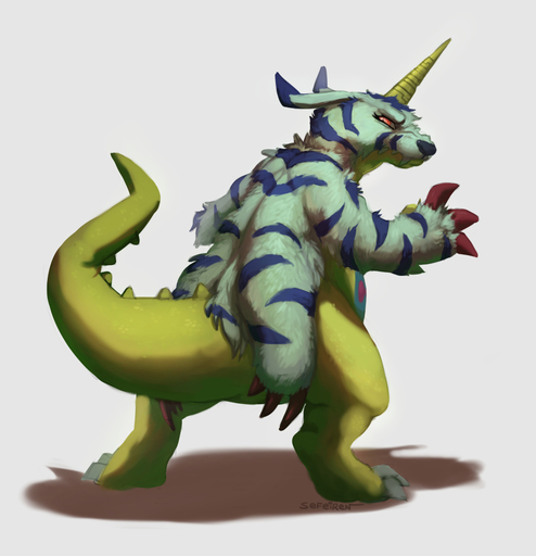 2015 ambiguous_gender animal_skin anthro claws conditional_dnp digimon_(species) ears_back fangs fur gabumon hindpaw horn looking_back orange_eyes paws pivoted_ears rear_view reptile scales scalie sefeiren simple_background solo spikes stripes thick_tail white_background white_body white_fur yellow_body yellow_scales // 992x1028 // 396.7KB