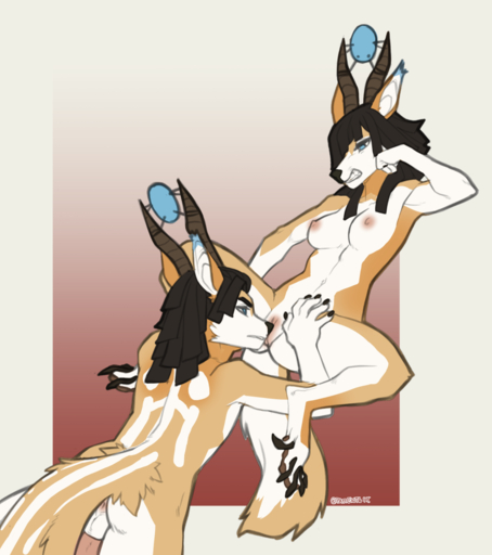 2022 4_toes 5_fingers antelope anthro areola black_hair bovid breasts crossgender digital_media_(artwork) duo eyebrows eyelashes faint feet female fingers hair horn hybrid male malefemale mammal nipples nude self_fuck selfcest simple_background square_crossover toes // 886x1000 // 367.0KB
