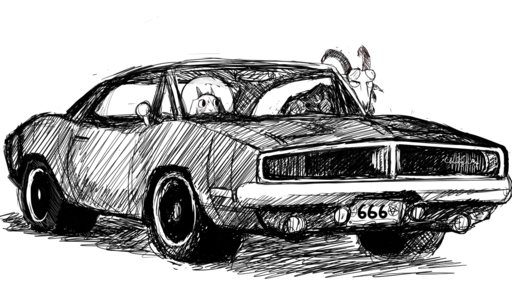 anthro black_and_white bovid caprine car demon duo eyewear female goat halo hladilnik horn inside_car inverted_pentacle lucy_(hladilnik) male mammal monochrome pentacle pentagram sunglasses tommy_(hladilnik) vehicle // 1280x716 // 917.1KB