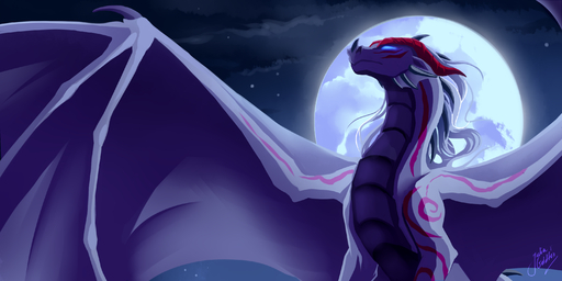 2:1 ambiguous_gender claws cool_colors detailed_background digital_media_(artwork) dragon feral hi_res horn juliagoldfox membrane_(anatomy) membranous_wings moon night outside scalie sky solo star starry_sky western_dragon wings // 3000x1500 // 2.5MB
