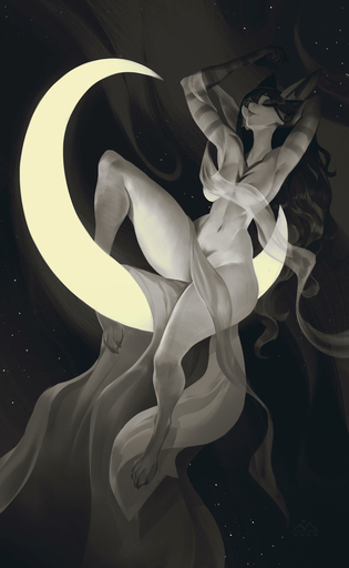 black_hair bonifasko breasts canid canine crecent eyes_closed female fur glowing hair hi_res light mammal monochrome moon moonlight navel nude paws pubes raised_arm solo star striped_body striped_fur stripes wide_hips // 788x1280 // 85.0KB