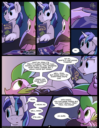 braeburned clothed clothing comic dialogue digital_media_(artwork) dragon duo english_text equid equine hi_res horn horse lying male mammal reading scalie shining_armor_(mlp) spike_(mlp) text unicorn // 1082x1400 // 834.0KB