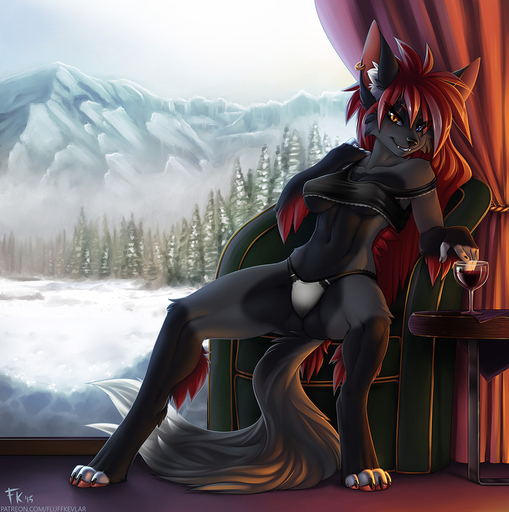 2015 alcohol amber_eyes anthro arm_tuft bare_shoulders beverage black_body black_fur blue_eyes breasts calf_tuft canid canine chair cheek_tuft clothed clothing crossgender detailed_background digital_media_(artwork) digitigrade ear_piercing elbow_tufts facial_tuft female fluff-kevlar fluffy fluffy_tail forest fur furniture gloves_(marking) hair heterochromia inside inviting long_hair looking_at_viewer mammal markings midriff mountain navel off_shoulder panties piercing plant red_hair scar seductive skimpy smile snow solo spread_legs spreading talia_(fluff-kevlar) tree tuft under_boob underwear window wine // 997x1002 // 295.5KB