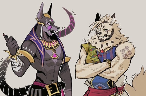 abs anthro biceps black_body black_fur canid canine canis duo flirting fur hi_res jackal jalam_(anothereidos_r) jewelry k0bit0wani licking licking_lips male malemale mammal muscular muscular_anthro muscular_male navel necklace pecs shirtless tan_body tan_fur tongue tongue_out wolf zacharoff_(anothereidos_r) // 2800x1842 // 539.4KB