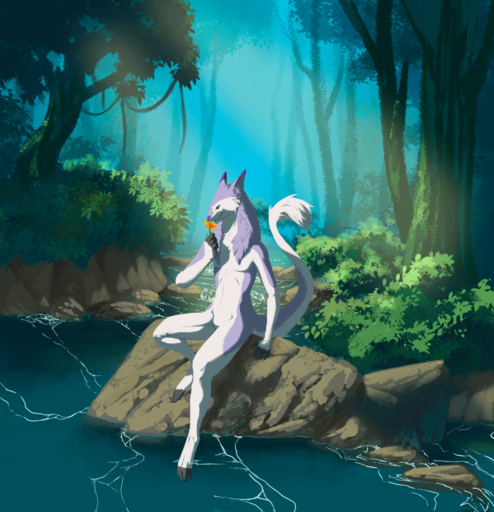 ambiguous_gender animated anthro colored detailed detailed_background flower forest foxin hi_res male plant river sergal short_playtime sipuha sitting smelling solo tailwag tree water wind // 1398x1450 // 9.2MB