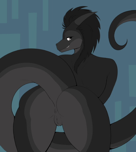 abstract_background absurd_res anthro anus bent_over black_body black_hair black_scales butt dragon female genitals grey_eyes hair hi_res horn presenting presenting_hindquarters pussy rear_view sanfingulipunrapin scales scalie smile solo teeth // 2208x2480 // 416.5KB