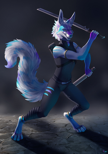 anthro canid canine clothing colorful cyberpunk fluffy fox hi_res hybrid illusie maaia male mammal maned_wolf melee_weapon painting solo sword weapon // 877x1240 // 1.4MB