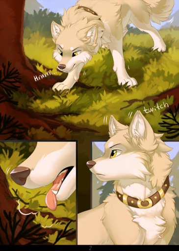 black_nose canid canine canis cheek_tuft chest_tuft claws collar comic countershade_fur countershading day detailed_background digital_media_(artwork) domestic_dog english_text facial_tuft feral fur grass green_eyes hi_res hioshiru inner_ear_fluff male mammal nature open_mouth outside pawpads pink_pawpads plant solo tan_body tan_fur teeth text toe_claws tongue tongue_out tree tuft white_body white_countershading white_fur // 1068x1500 // 1.8MB
