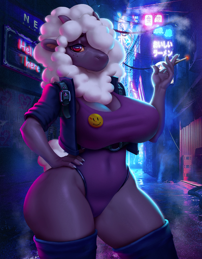 absurd_res anthro big_breasts black_body bovid breasts caprine cigarette clothing curvy_figure detailed_background female fur hi_res leotard looking_at_viewer mammal mrincred neon_lights night public sheep smiley_face solo teasing thick_thighs voluptuous waiting watchmen were werecaprine weresheep wool_(fur) xalda // 3500x4500 // 26.0MB