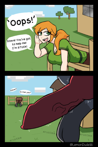 absurd_res alex_(minecraft) animal_genitalia animal_penis big_breasts big_butt breasts butt canid canine canine_penis canis clothing comic english_text erection female feral genitals green_eyes hair hi_res human imminent_rape imminent_sex lemondude male mammal orange_hair penis simple_background stuck text thick_thighs video_games wide_hips wolf // 1600x2400 // 610.4KB