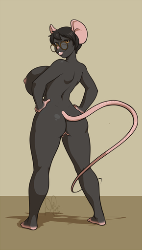2014 anthro areola barefoot big_breasts big_ears biped black_body black_fur black_hair breasts brown_eyes bubble_butt butt curvy_figure digital_media_(artwork) eyewear feet female fur genitals glasses hair half-closed_eyes hands_on_hips hi_res huge_breasts kittydee lips looking_at_viewer looking_back mammal molly_(koyote) mouse murid murine narrowed_eyes nipples nude pink_lips pink_nose pose pussy rear_view rodent short_hair side_boob simple_background small_waist smile solo standing tan_background teeth thick_thighs voluptuous wide_hips // 686x1212 // 167.6KB