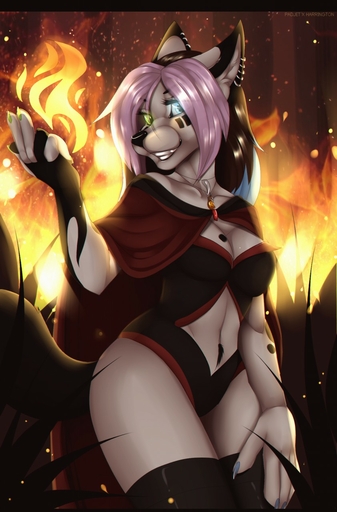 2017 5_fingers anthro black_nose blue_eyes breasts canid canine canis clothed clothing detailed_background digital_media_(artwork) ear_piercing eyelashes female fingers fire gorsha_(character) green_eyes hair heterochromia hi_res mammal navel padjetxharrington piercing pink_hair smile solo wide_hips wolf // 842x1280 // 165.2KB