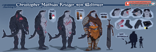 absurd_res anthro balls christopher_(zummeng) clothed clothing english_text erection fin fish foreskin genitals hi_res humanoid_genitalia humanoid_penis male marine melee_weapon model_sheet penis shark solo sword text weapon zummeng // 4458x1500 // 2.0MB