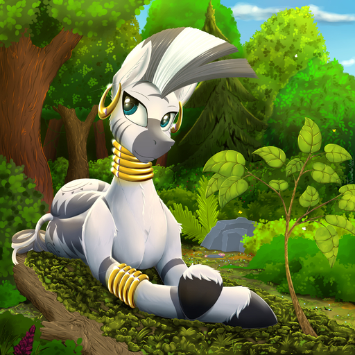 1:1 blue_eyes equid equine female forest friendship_is_magic gold_(metal) grass hasbro hi_res horse lying mammal moss my_little_pony neck_ring piercing plant solo tree twotail813 zebra zecora_(mlp) // 2000x2000 // 3.9MB