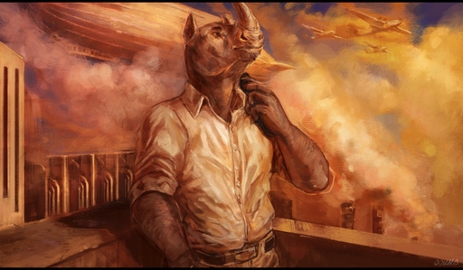 2016 aircraft airplane airship anthro belt bottomwear brown_bottomwear brown_clothing building clothed clothing conditional_dnp detailed_background digital_media_(artwork) digital_painting_(artwork) dress_shirt flying fully_clothed grey_body grey_horn grey_skin half-length_portrait horn letterbox looking_up male mammal oouna pants portrait rhinocerotoid ryan_carthage shirt signature smoke solo standing topwear white_clothing white_topwear // 1280x747 // 225.5KB