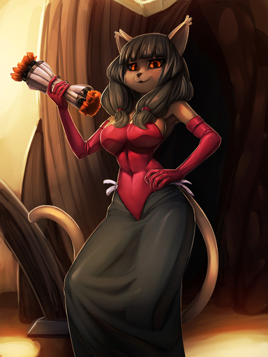 5_fingers anthro black_nose breasts brown_body brown_fur brown_hair clothing dress felid female fingers fur general-irrelevant gloves hair hand_on_hip handwear hi_res holding_object looking_at_viewer mammal miranda_(wakfu) red_clothing smile solo standing video_games // 1080x1440 // 660.2KB