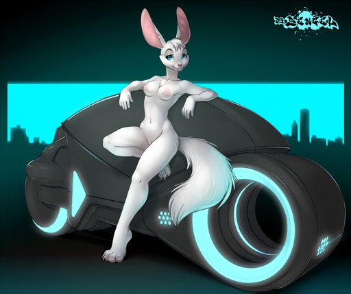 2014 <3 anthro barefoot big_ears biped blue_eyes breasts casual_nudity chiropteran cyberpunk digital_media_(artwork) disney fangs feet female fluffy fluffy_tail fur genitals hair iskra looking_at_viewer mammal motorcycle navel nipples nude paws pink_nipples pink_nose pose pussy shaded smile solo tron vehicle white_body white_fur white_hair // 1064x891 // 501.8KB