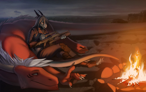 anthro avi_(character) axis_(character) camp comic dragon duo female feral firepit gun larger_feral mountrider_relations post-apocalyptic ranged_weapon scalie size_difference smaller_anthro totesfleisch8 weapon // 1280x808 // 1.8MB