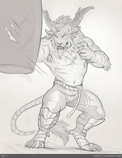 2018 charr claws clothed clothing exercise felid horn male mammal monochrome muscular muscular_male navel punch punching_bag scar solo spottyjaguar standing teeth text topless video_games // 850x1100 // 106.0KB