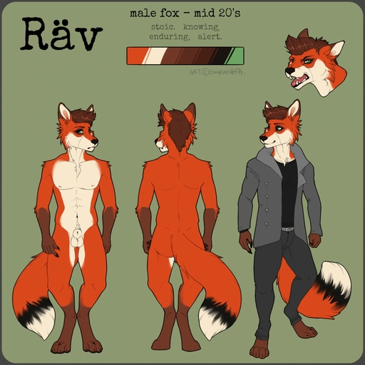1:1 animal_genitalia anthro balls biped canid canine clothed clothing compass_(artist) fox fur genitals hair hi_res looking_at_viewer male mammal model_sheet nude sheath smile solo // 1280x1280 // 201.0KB